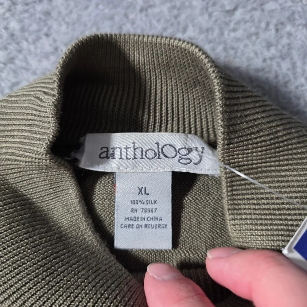 Anthology Mens XL Sweater Olive Green 100% Silk Mock Neck Long Sleeve Pullover